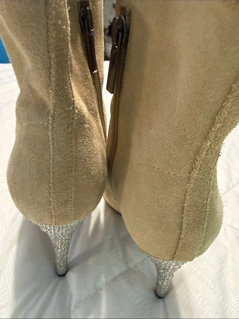Karl Lagerfeld Taupe Suede Pointed-Toe Ankle Booties with Rhinestone Heel Size 7